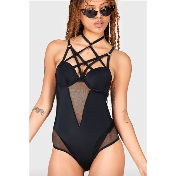 Killstar ✦ Sacred Ocean Swimsuit M ✦ Pentagram Fishnet Choker Gothic One-Piece - Picture 3 of 6